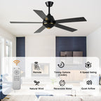 52 Inch Black Modern Ceiling Fan with Remote Control, 6 Speeds DC Motor 5-Blade Reversible Ceiling Fan for Living Room