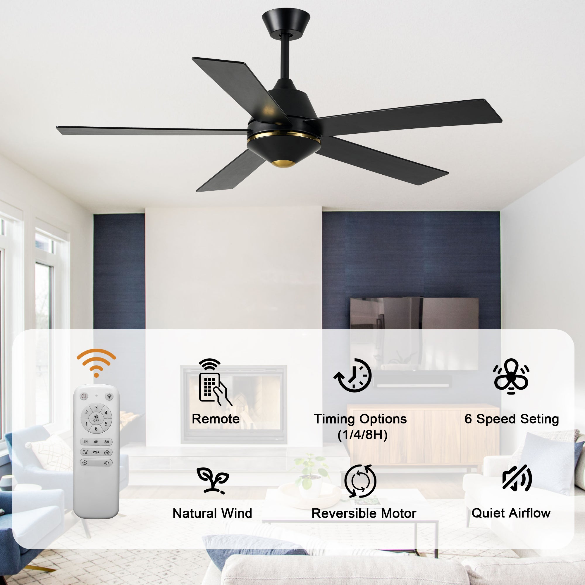 52 Inch Black Modern Ceiling Fan with Remote Control, 6 Speeds DC Motor 5-Blade Reversible Ceiling Fan for Living Room