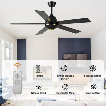 HWJ5219-52" 5 Wooden Blades Modern Reversible Ceiling Fan with Remote and LED Lights, Large Size 6-speed Ceiling Fan