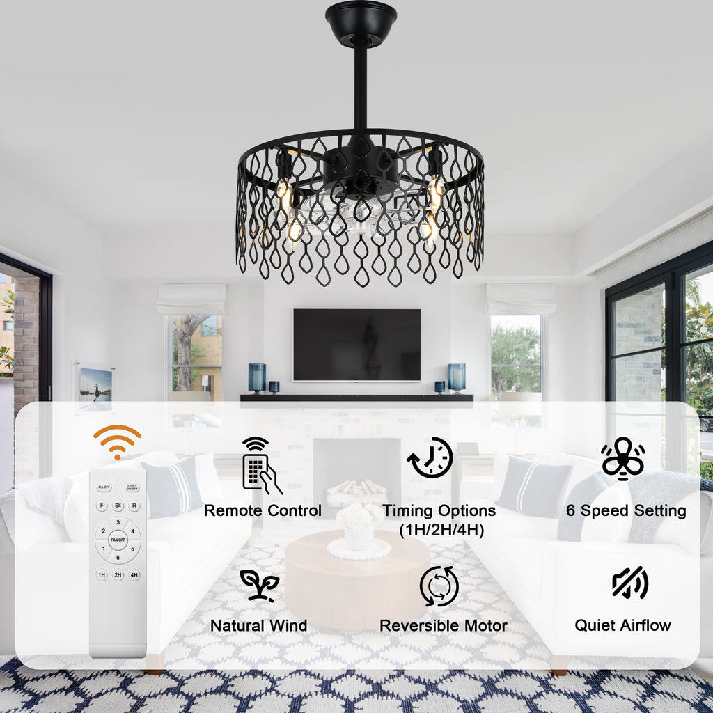 19 Inch Modern Black Drum Caged Ceiling Fan with Lights and Remote, 6 Speeds DC Motor Reversible Bladeless Fandelier Ceiling Fan