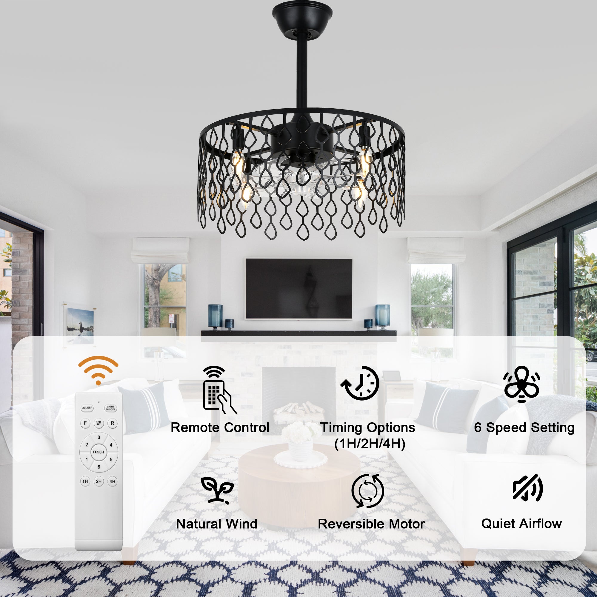 19 Inch Modern Black Drum Caged Ceiling Fan with Lights and Remote, 6 Speeds DC Motor Reversible Bladeless Fandelier Ceiling Fan