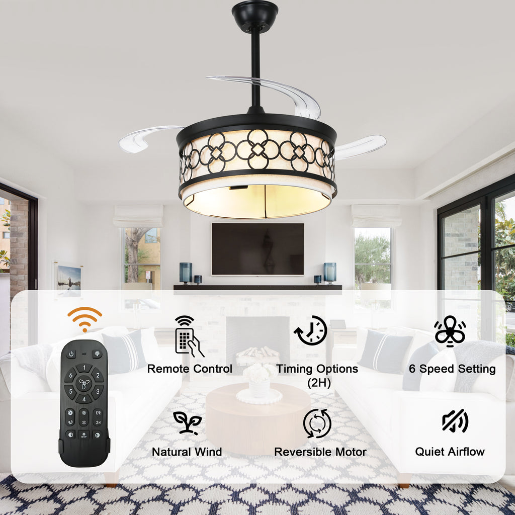 42 Inch Black Retractable Ceiling Fan with Lights and Remote, 6 Speeds DC Motor Farmhouse Black Bladeless Ceiling Fan for Bedroom