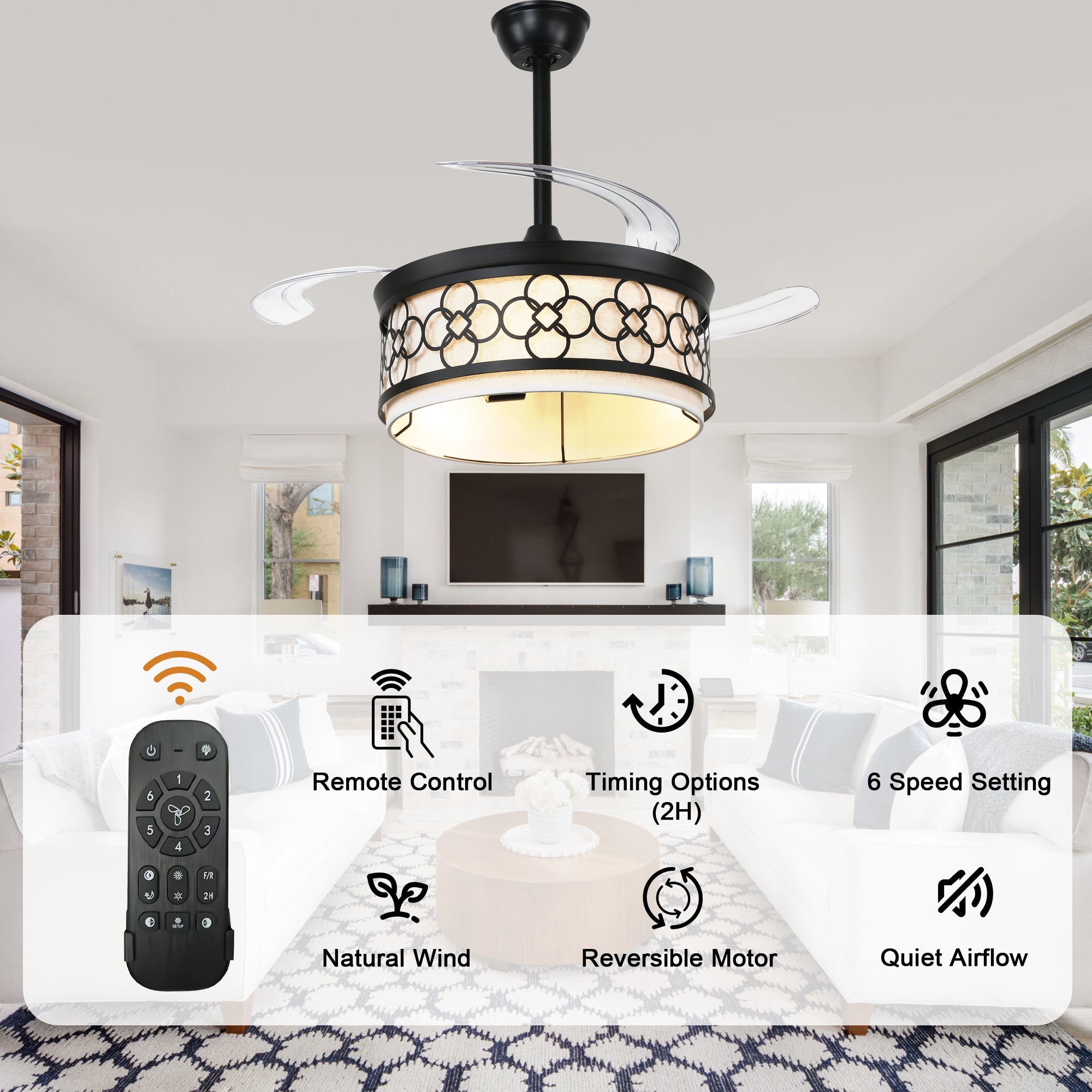 42 Inch Black Retractable Ceiling Fan with Lights and Remote, 6 Speeds DC Motor Farmhouse Black Bladeless Ceiling Fan for Bedroom