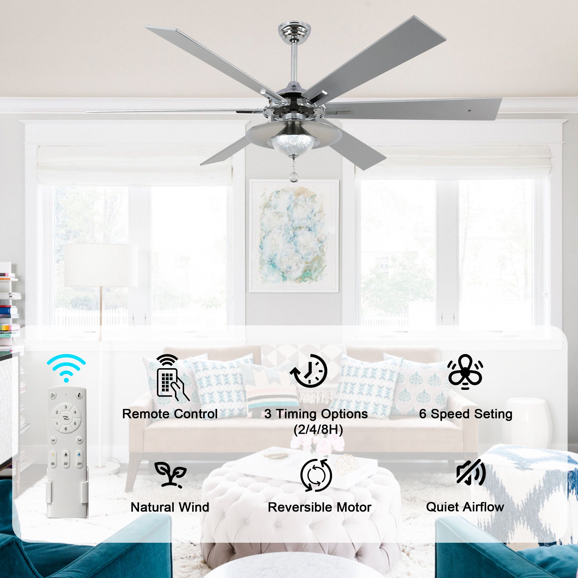 DC7204-BellaDepot 72" Silver/Black Finish Modern Urban Crystal Reversible Ceiling Fan with Remote and LED Light Kit, Large Size Ceiling Fan