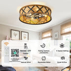 23 Inch Bohemian Rattan Flush Mount Ceiling Fan with Lights and Remote, 6 Speeds DC Motor Farmhouse Low Profile Bladeless Ceiling Fan