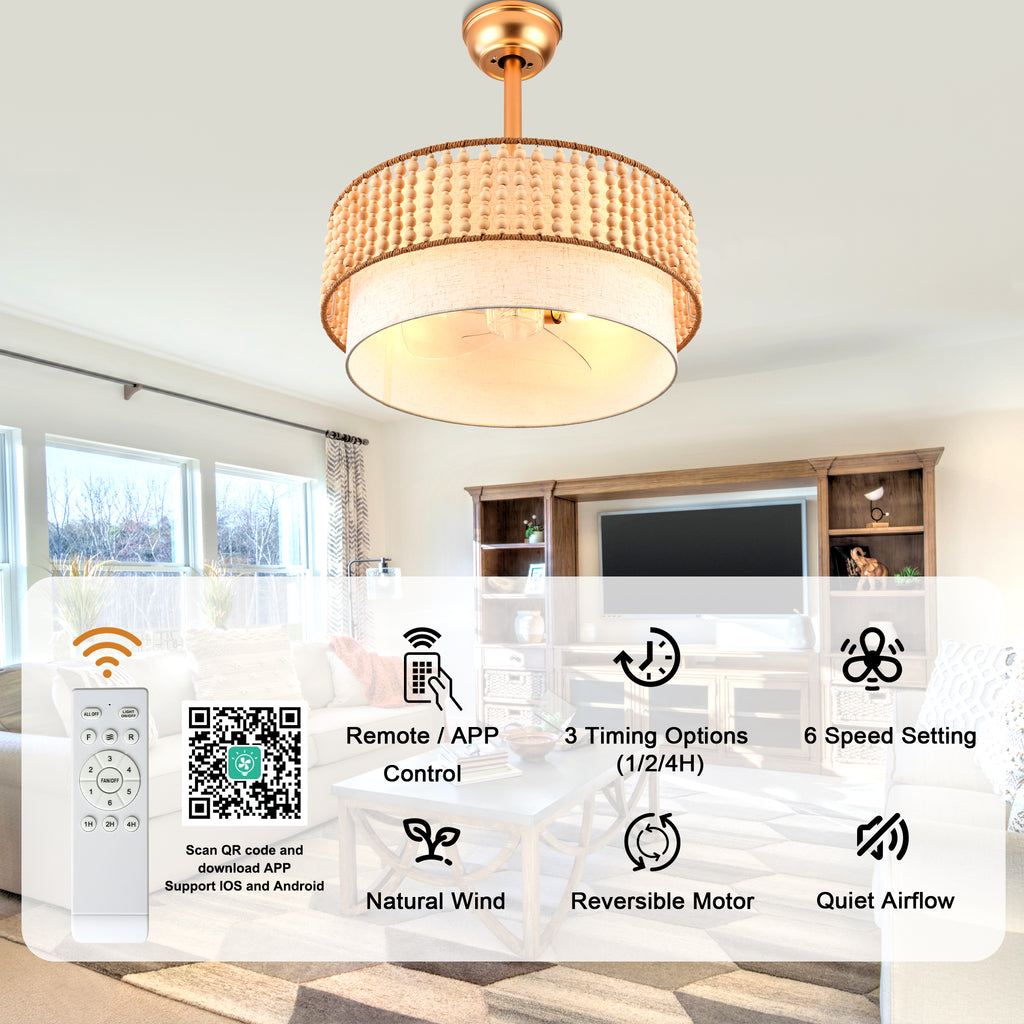 20 Inch Gold Bohemian Drum Ceiling Fan with Lights and Remote, 6 Speeds DC Motor Reversible Bladeless Fandelier Ceiling Fan with Wood Beaded Shade
