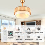 20 Inch Gold Bohemian Drum Ceiling Fan with Lights and Remote, 6 Speeds DC Motor Reversible Bladeless Fandelier Ceiling Fan with Wood Beaded Shade