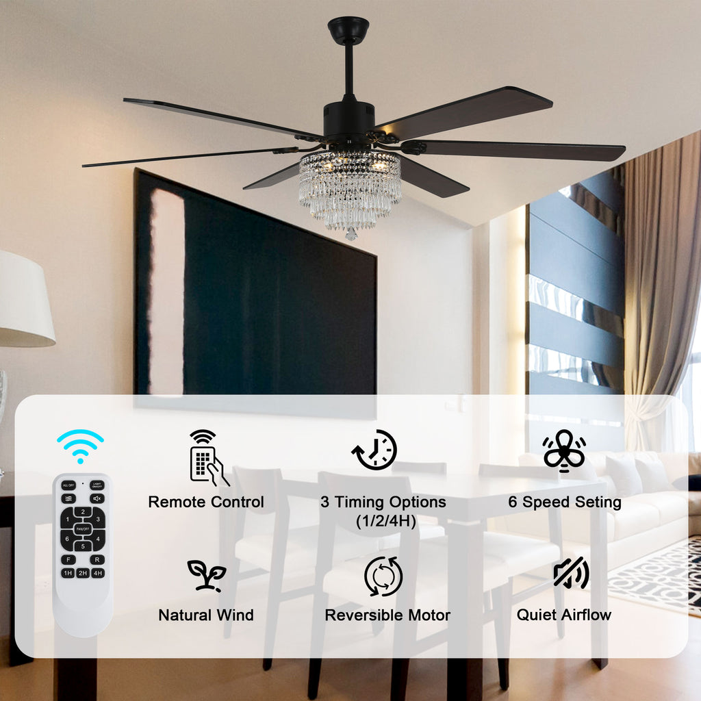 65 Inch Black/Chrome Modern Luxury Crystal Ceiling Fan with Lights and Remote, 6 Speeds DC Motor Extra Large Ceiling Fan Reversible