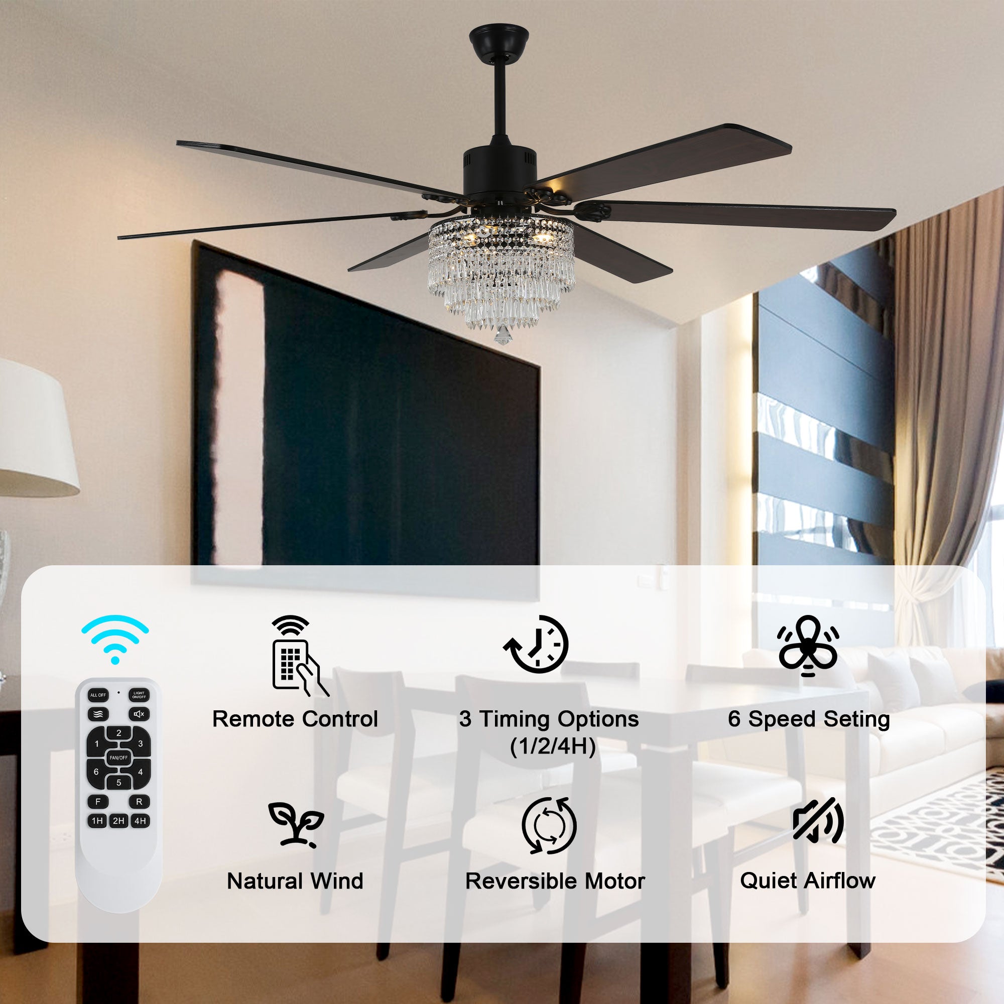 65 Inch Black/Chrome Modern Luxury Crystal Ceiling Fan with Lights and Remote, 6 Speeds DC Motor Extra Large Ceiling Fan Reversible