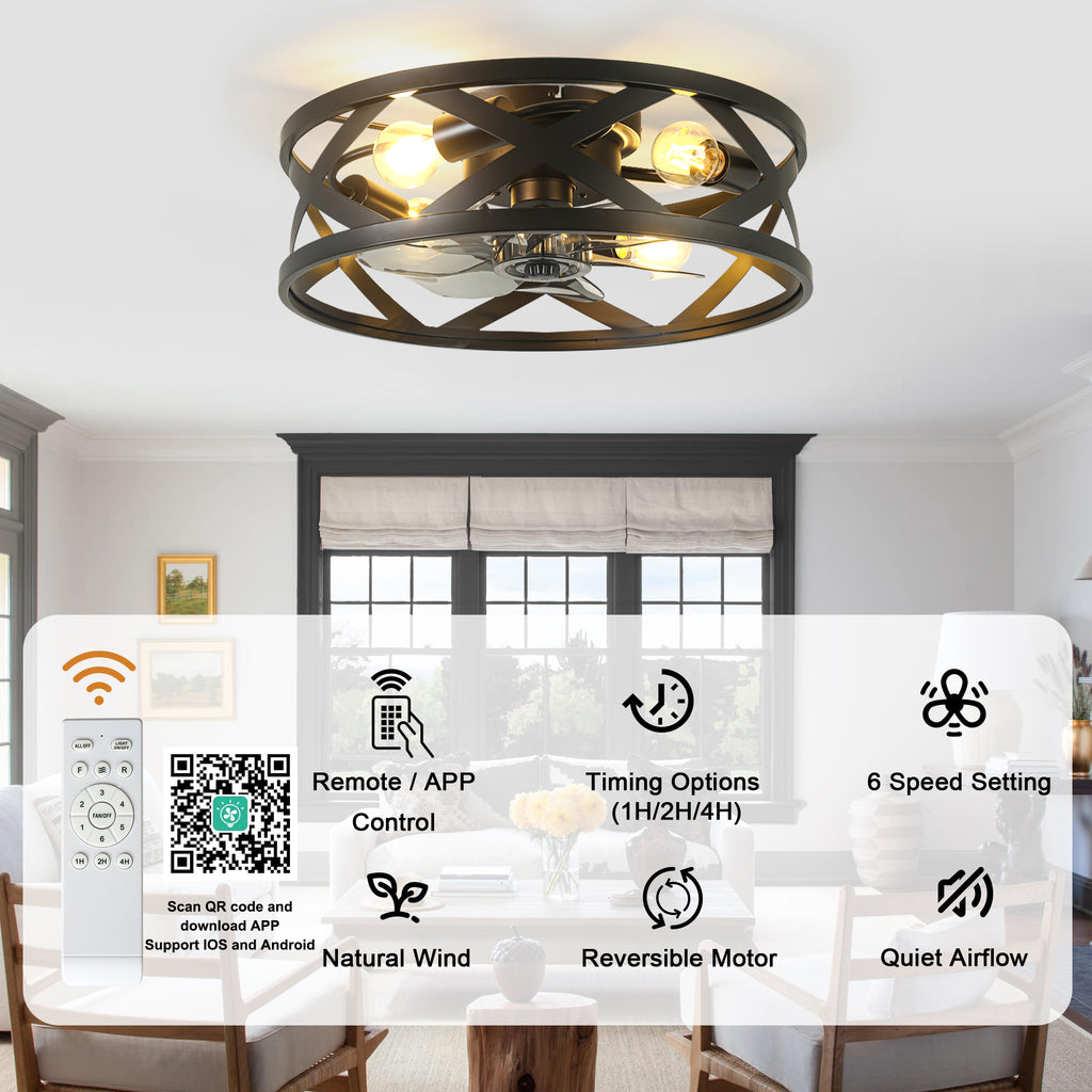 20 Inch Black Industrial Ceiling Fan with Light and Remote, 6-Speed DC Motor Bladeless Ceiling Flush Mount & Downrod Options