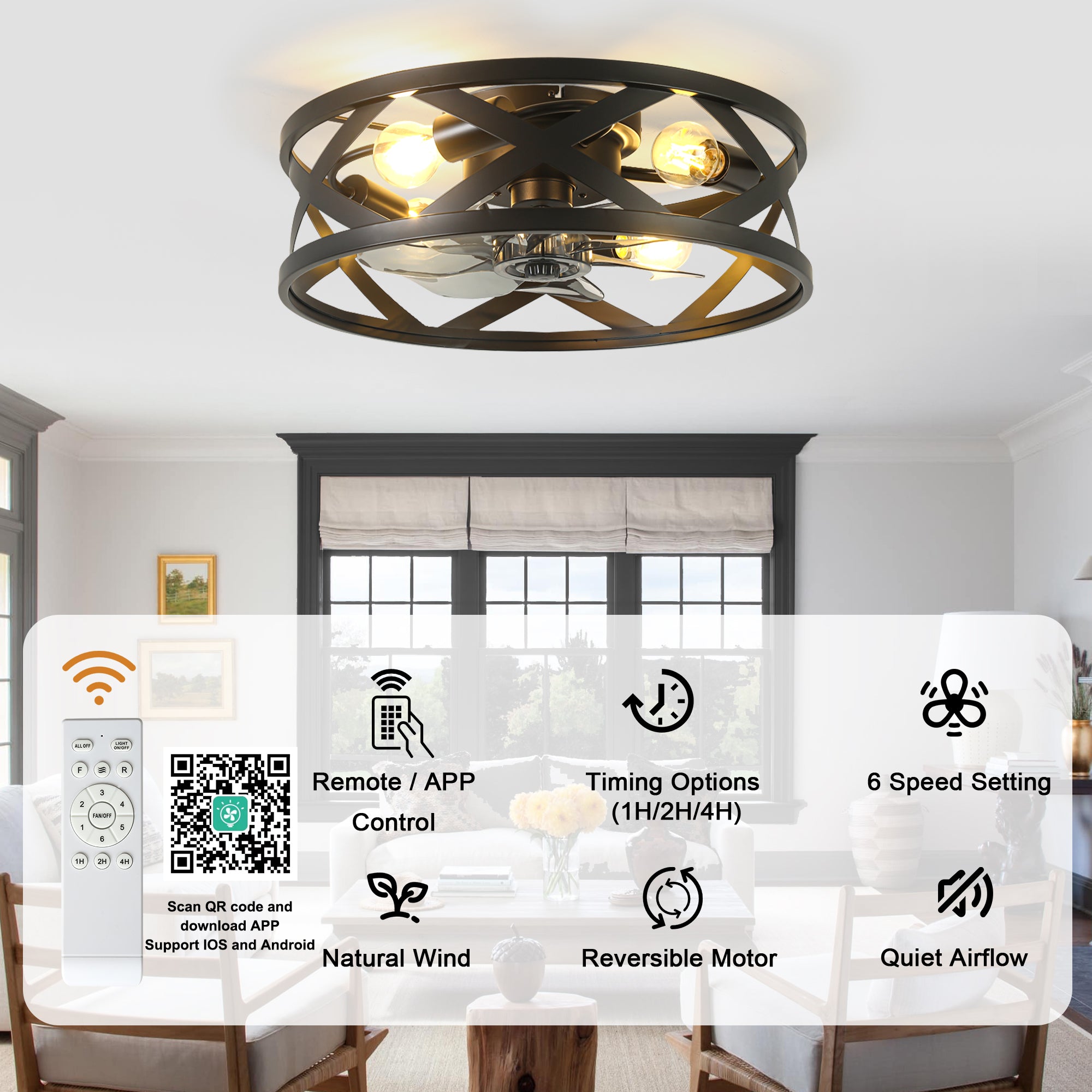 20 Inch Black Industrial Ceiling Fan with Light and Remote, 6-Speed DC Motor Bladeless Ceiling Flush Mount & Downrod Options