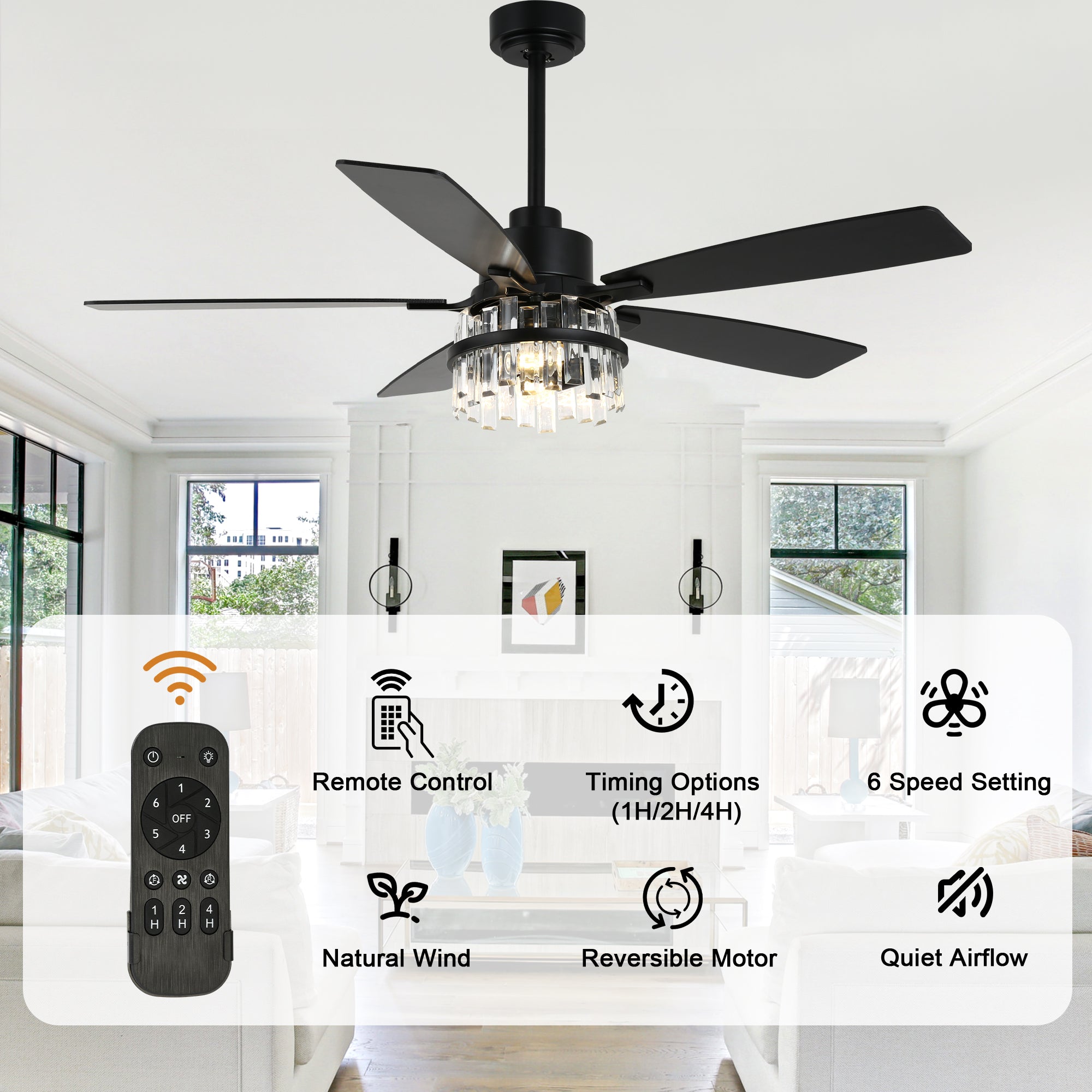 52 Inch Modern Glam Crystal Ceiling Fan with Light and Remote, 6-Speed Reversible DC Motor Large Ceiling Fan for Living Room