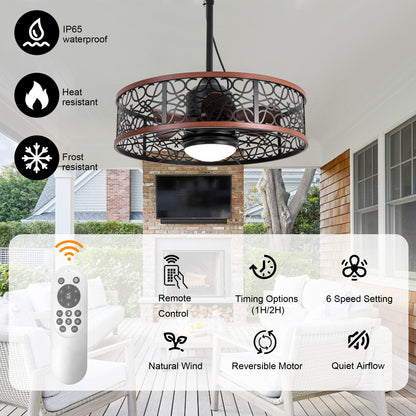 HW2310-GED-BellaDepot 24" Outdoor Iron Carving Caged Ceiling Fan with Remote Control, DC Motor 6 Speeds Fan with LED Lights