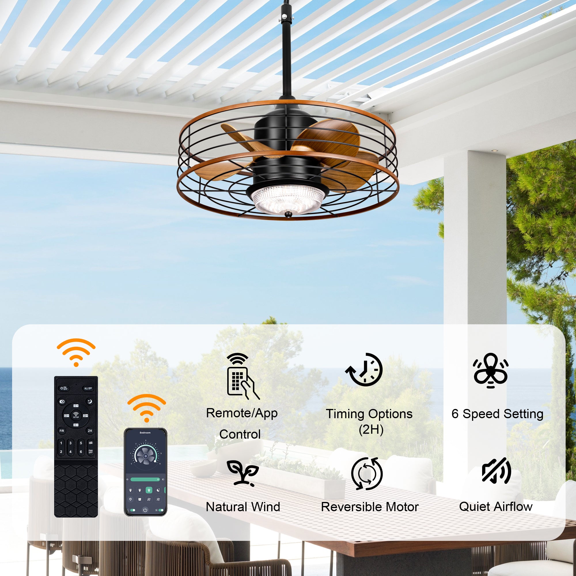 21 Inch Outdoor Waterproof Ceiling Fan with LED Light and Remote & APP Control, 6-Speed Reversible DC Motor Plug-in Ceiling Fan for Patio