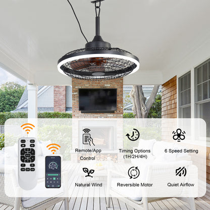 HW2001-BellaDepot 20" Compact Outdoor Caged Ceiling Fan with Remote Control, Waterproof Fan with LED Lights