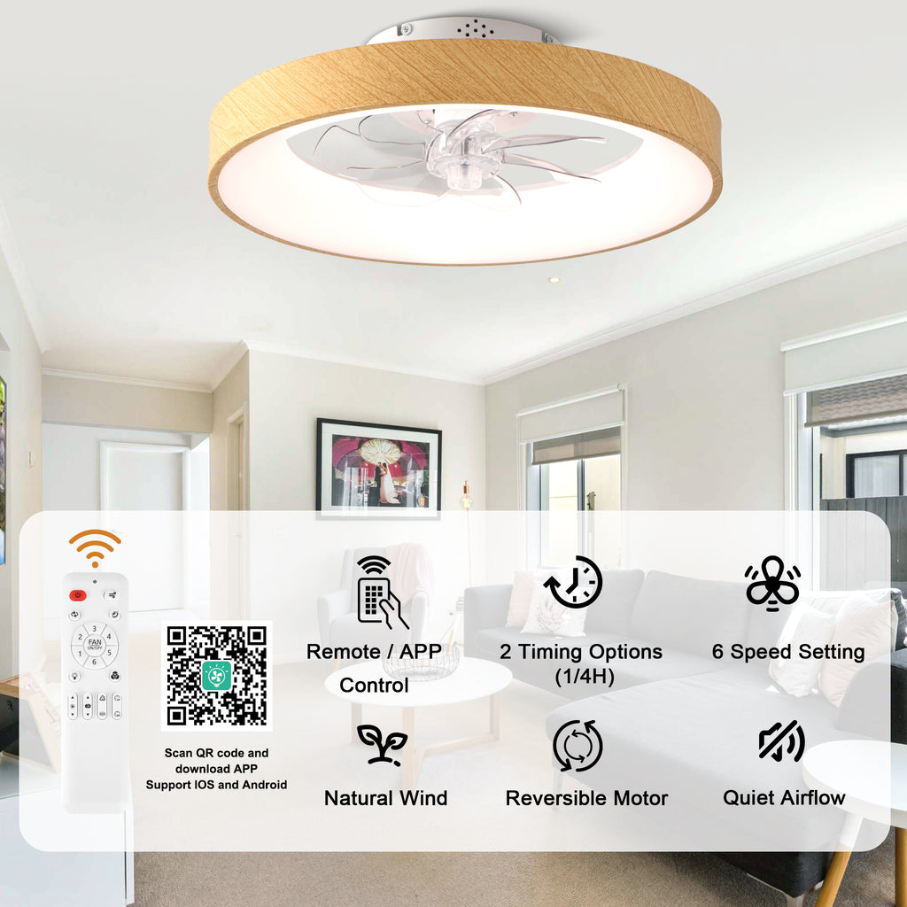 20 Inch Modern Smart Flush Mount Ceiling Fan with Dimmable LED Light, 6-Speed DC Motor Bladeless Ceiling Fan with Remote