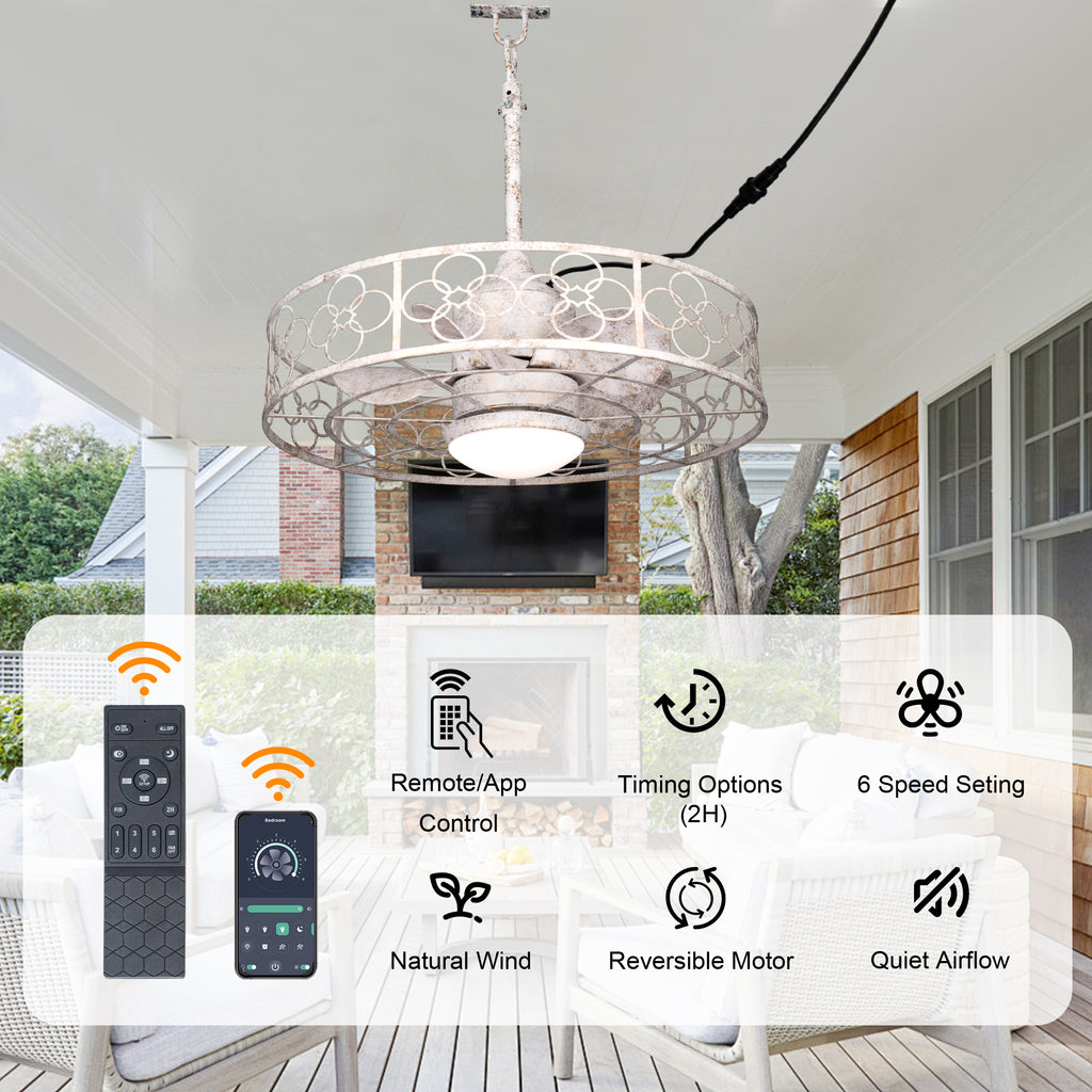 24 Inch Distressed White Outdoor Caged Ceiling Fan with LED Lights and Remote, 6 Speeds DC Motor Farmhouse Fandelier  Waterproof Ceiling Fan