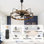 36 Inch Farmhouse Wagon Wheel Ceiling Fan with Lights and Remote Control, 6 Speeds DC Motor Bladeless Fandelier Ceiling Fan