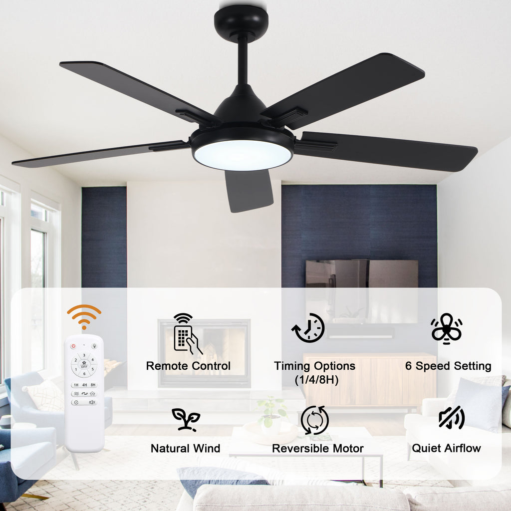52 Inch Black Modern Ceiling Fan with LED Light, 6-Speed Reversible DC Motor, 5 Dual-Finish Wood Blades, Remote Control, Adjustable Height