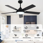 52 Inch Black Modern Ceiling Fan with LED Light, 6-Speed Reversible DC Motor, 5 Dual-Finish Wood Blades, Remote Control, Adjustable Height