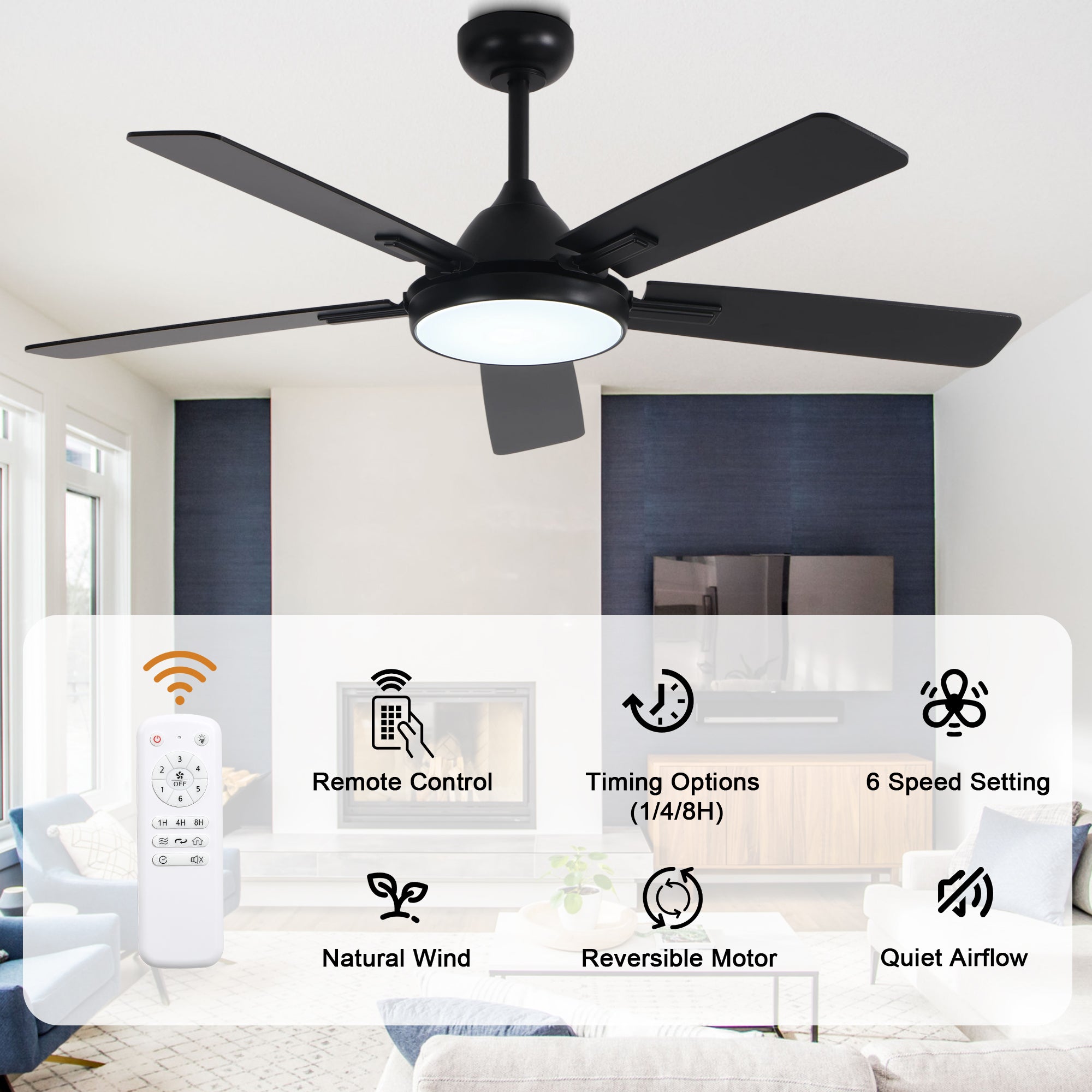 52 Inch Black Modern Ceiling Fan with LED Light, 6-Speed Reversible DC Motor, 5 Dual-Finish Wood Blades, Remote Control, Adjustable Height