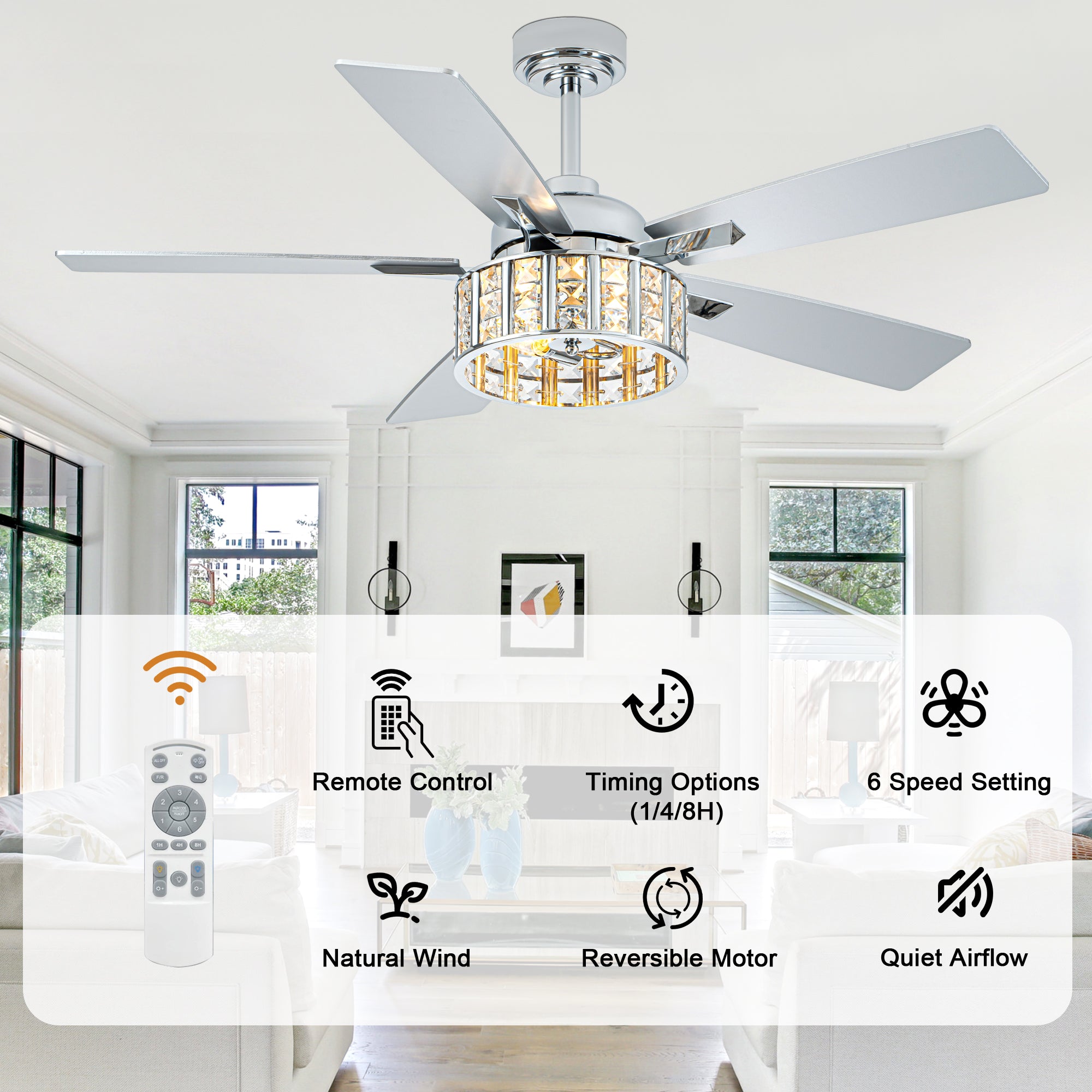 52 Inch Chrome Glam Crystal Ceiling Fan with Lights and Remote Control, 6 Speeds Reversible Ceiling Fan with Crystals