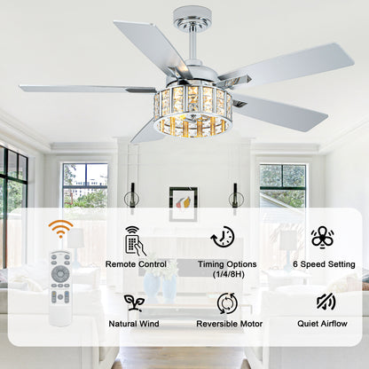 BellaDepot 52" Luxury Crystal Caged Chrome Ceiling Fan with Remote Control, 6 Speeds Ceiling Fan with Lights for Living Room- DC5229-MD