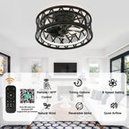 19 Inch Black Industrial Flush Mount Ceiling Fan with Dimmable LED Light, 6 Speed Reversible DC Motor, Low Profile Bladeless Ceiling Fan with Remote and APP Control