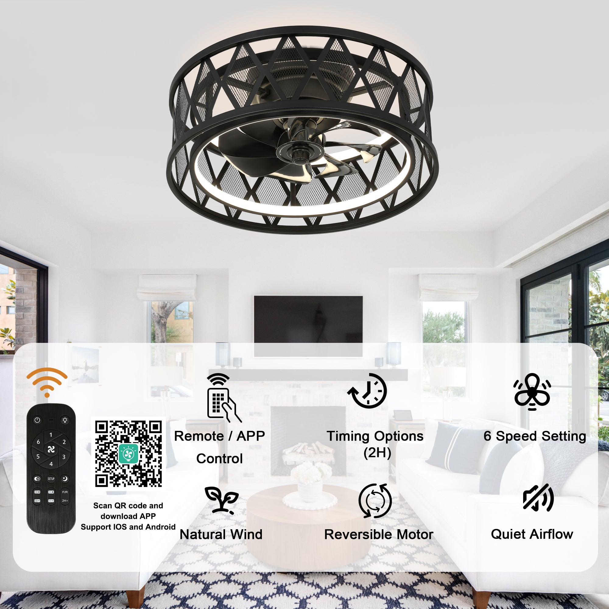 19 Inch Black Industrial Flush Mount Ceiling Fan with Dimmable LED Light, 6 Speed Reversible DC Motor, Low Profile Bladeless Ceiling Fan with Remote and APP Control