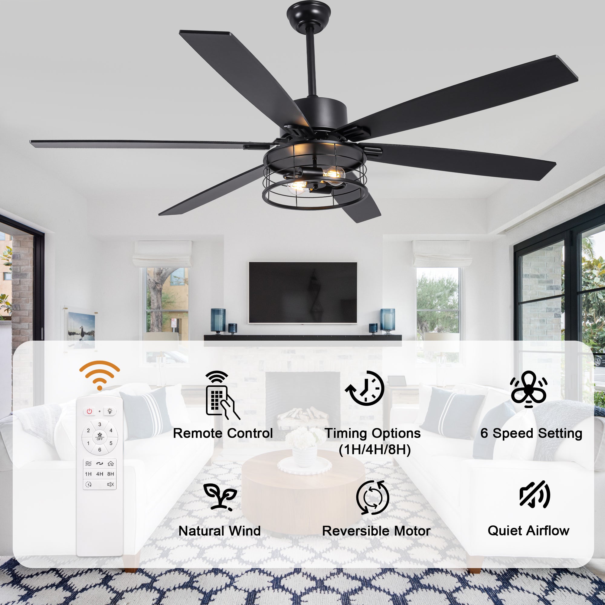 65 Inch Black Modern Industrial Ceiling Fan with Lights and Remote Control,6 Speeds Reversible Ceiling Fan for Large Rooms