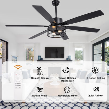 DC256501-BellaDepot 65" Industrial Matte Black Ceiling Fan, Reversible 6-speed Fan with Lights, Remote-controlled Fan