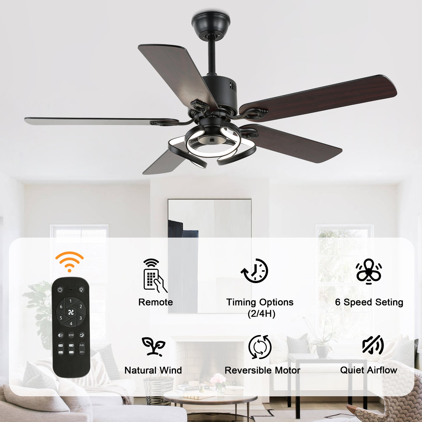 DC5217-52" 5 Wooden Blades Black/Chrome Finish Modern Reversible Ceiling Fan with Remote and Light Kit Included, 6-speed Dimmable Ceiling Fan