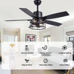46 Inch 5-Blade Black Industrial Ceiling Fan with Lights and Remote Control, 6 Speeds DC Motor Caged Ceiling Fan for Living Room