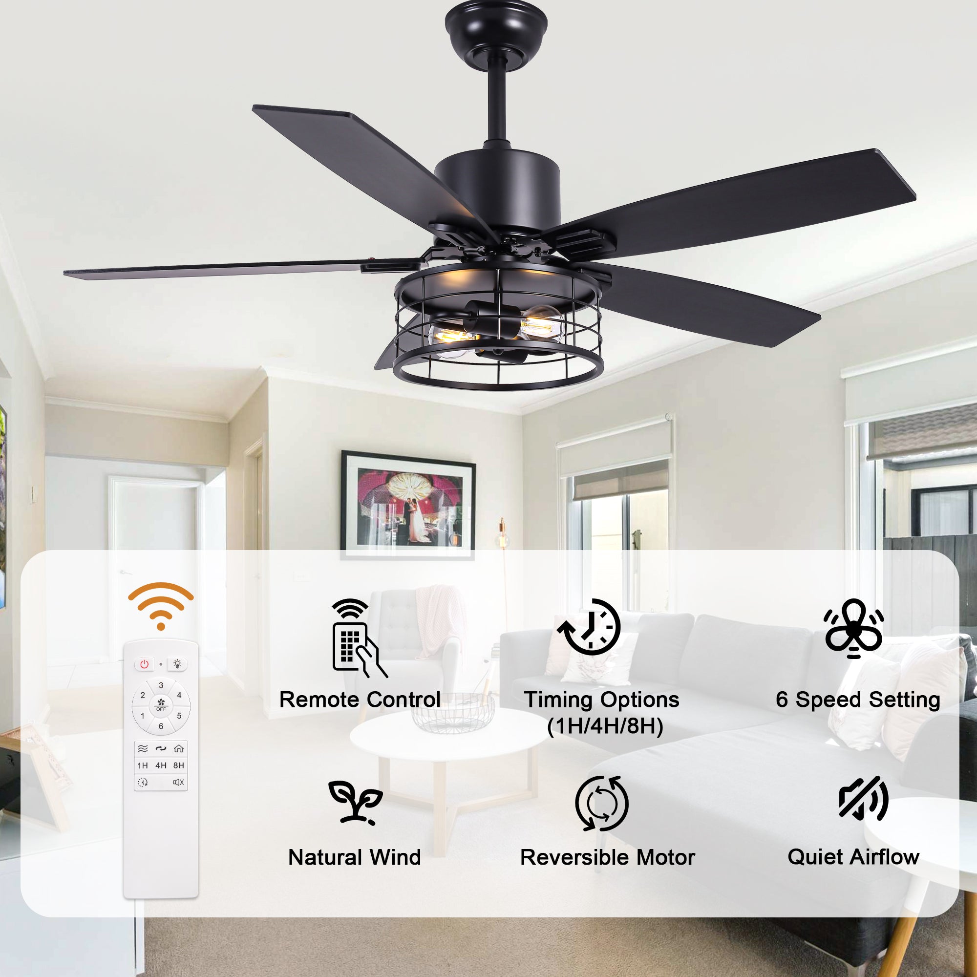 46 Inch 5-Blade Black Industrial Ceiling Fan with Lights and Remote Control, 6 Speeds DC Motor Caged Ceiling Fan for Living Room