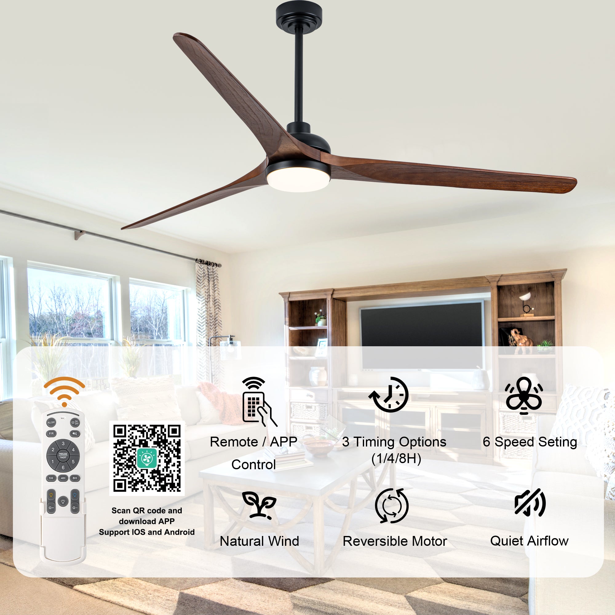 72 Inch Modern Farmhouse Extra Large Ceiling Fan with Dimmable LED Light and Remote, 6 Speeds DC Motor Reversible Ceiling Fan for Large Room