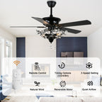 52 Inch Black/Chrome Modern Luxury Cryatal Ceiling Fan with Lights and Remote, 6 Speeds DC Motor Reversible Chandelier Ceiling Fans
