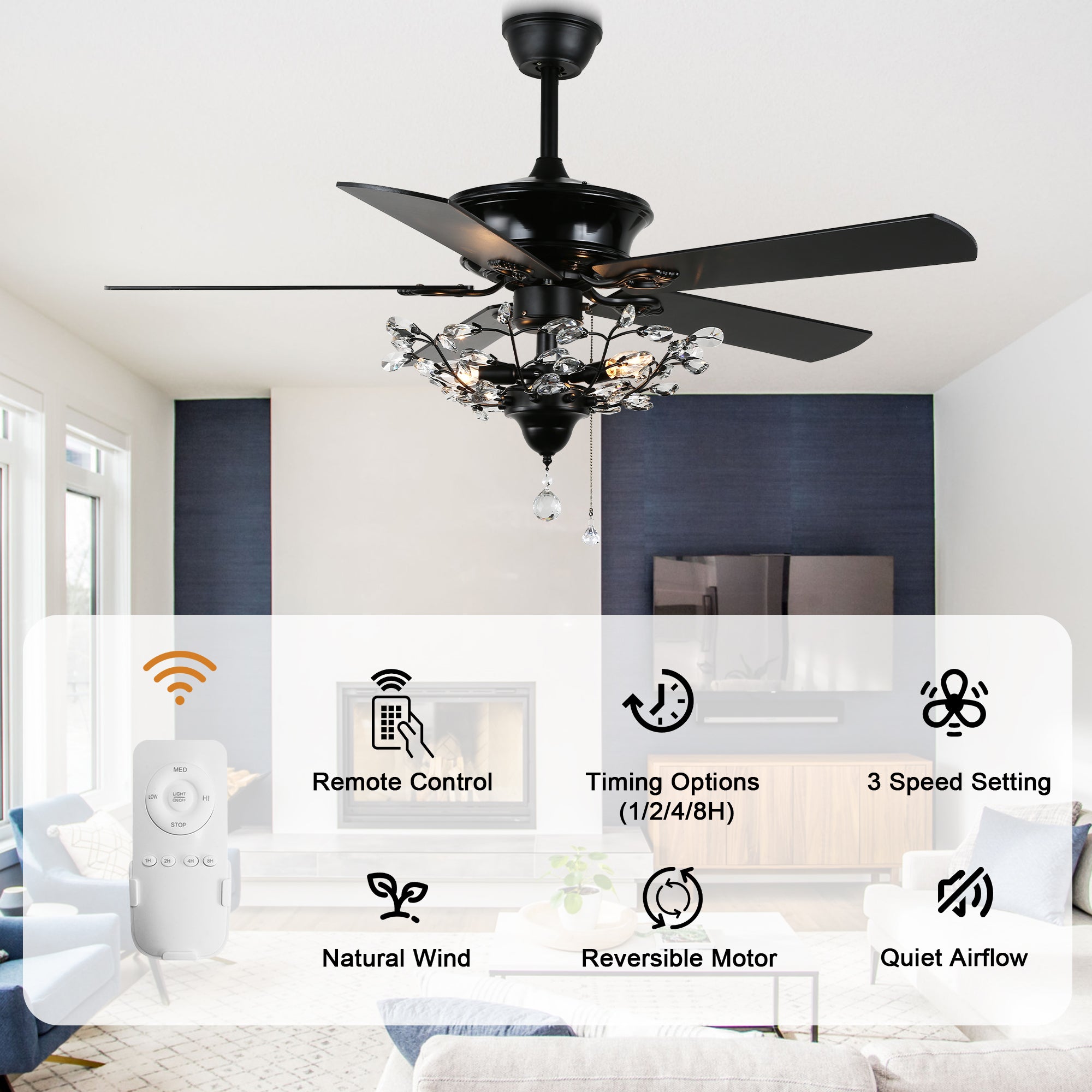BD2014-BellaDepot 52" Black/Chrome Luxury Crystal Reversible Ceiling Fan with Remote and 3 Lights