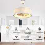 20 Inch Vintage Drum Cage Ceiling Fan with Light and Remote, 6-Speed DC Motor Distressed White Bladeless Ceiling Fan for Bedroom