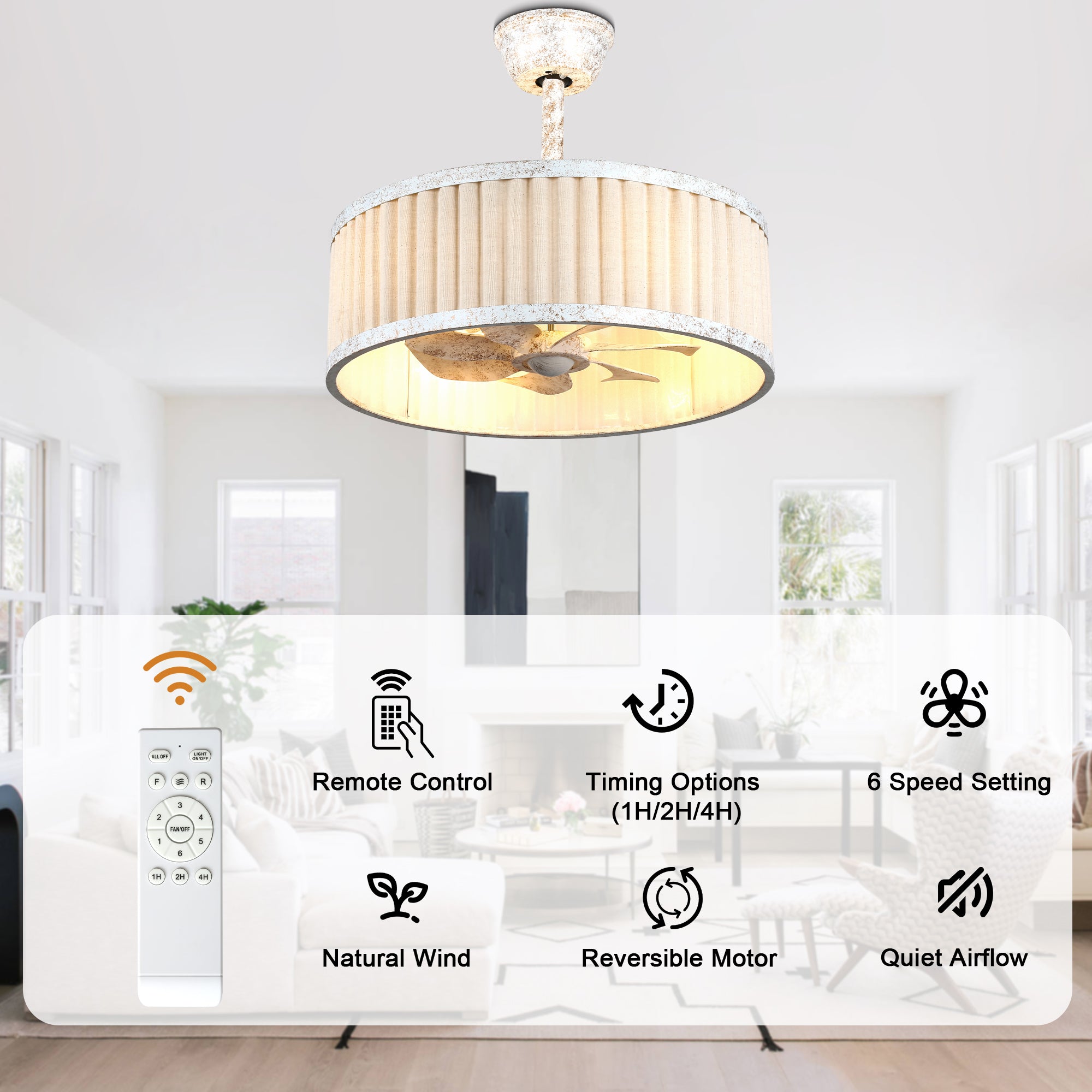 20 Inch Vintage Drum Cage Ceiling Fan with Light and Remote, 6-Speed DC Motor Distressed White Bladeless Ceiling Fan for Bedroom
