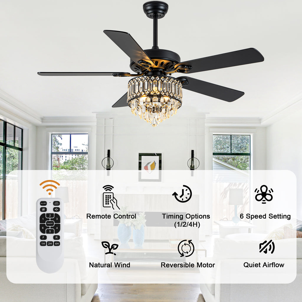 52 Inch Modern Luxury Crystal Ceiling Fan with Light and Remote Control, 6 Speeds DC Motor Chandelier Ceiling Fan for Living Room