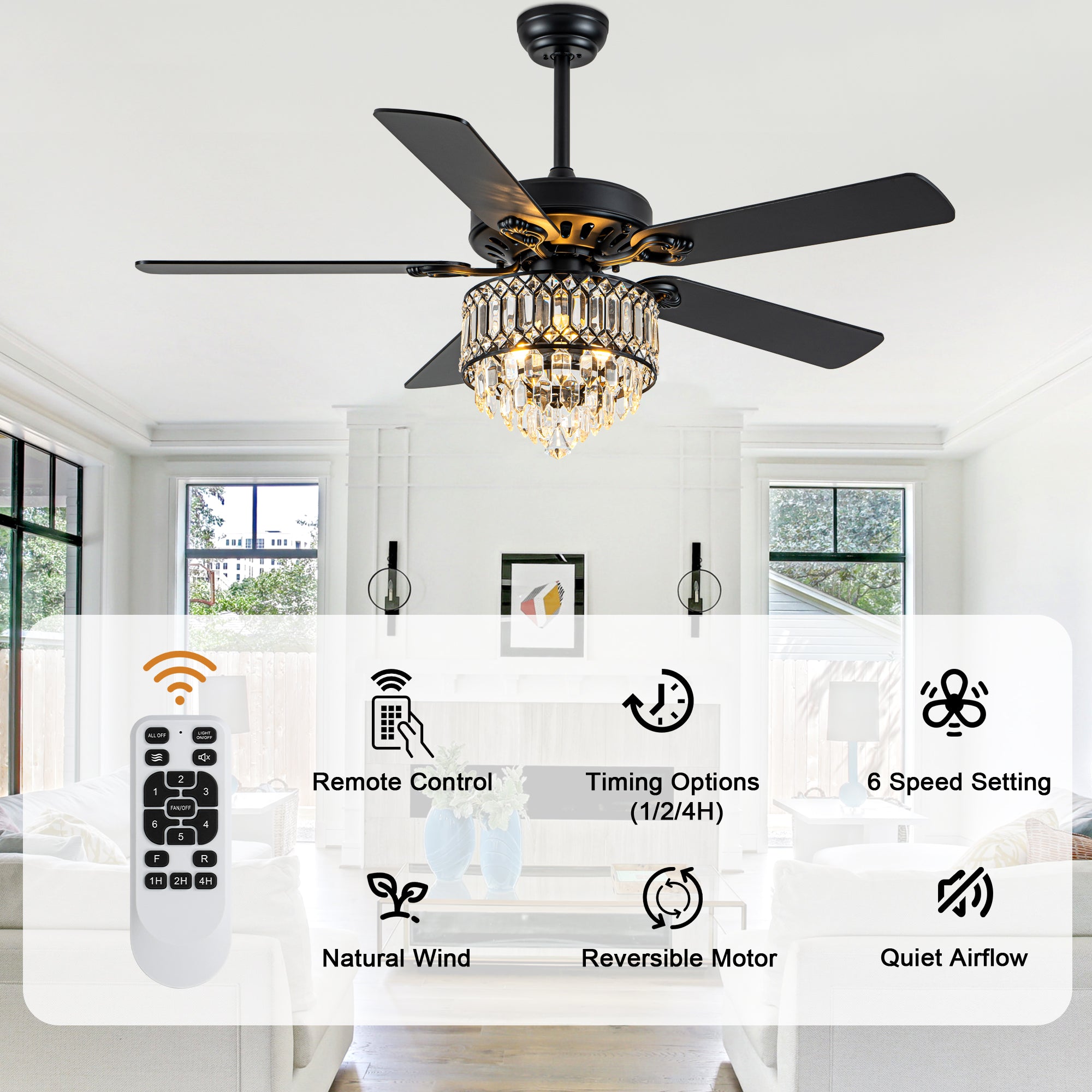 52 Inch Modern Luxury Crystal Ceiling Fan with Light and Remote Control, 6 Speeds DC Motor Chandelier Ceiling Fan for Living Room