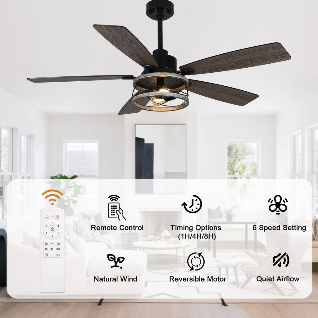 52 Inch Black Farmhouse Ceiling Fan with Lights and Remote Control, 6 Speeds DC Motor Reversible Caged Ceiling Fan
