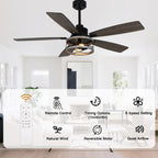 52 Inch Black Farmhouse Ceiling Fan with Lights and Remote Control, 6 Speeds DC Motor Reversible Caged Ceiling Fan