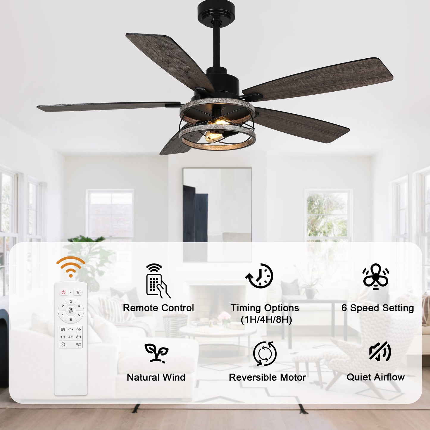 DC255203-B-BellaDepot 52 Inch Farmhouse Ceiling Fan with Remote Control, Wood Grain Ceiling Fan with Lights