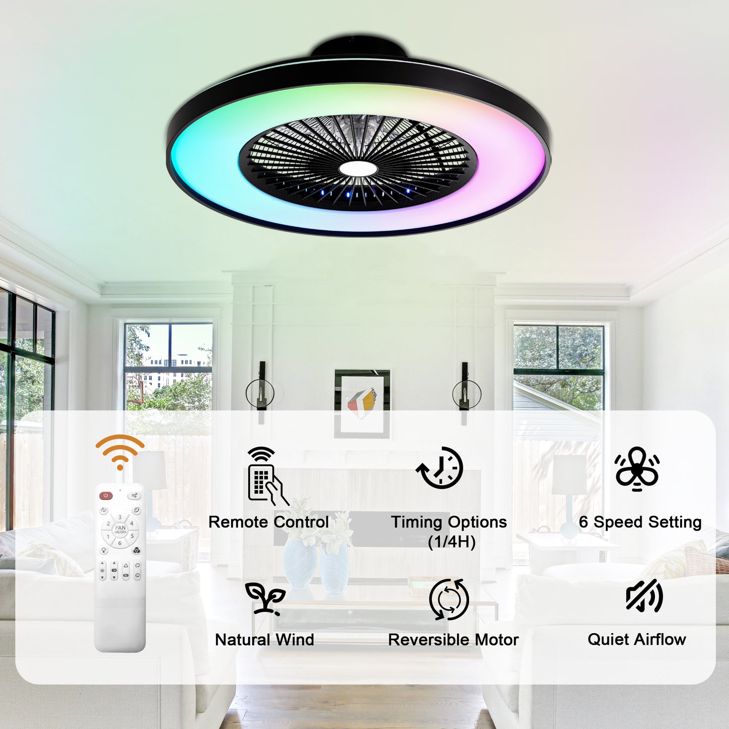 HWJ2310-23" RGB Flush Mount Smart Ceiling Fan with Remote Control, Bedroom Fan Lights with 6 Wind Speeds