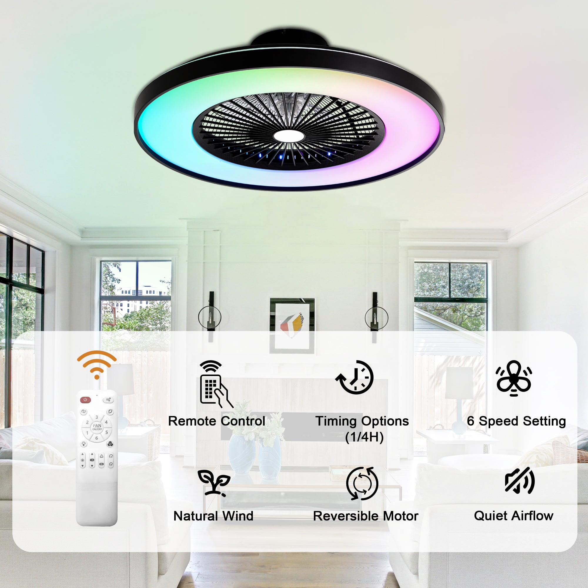 23 Inch Modern Smart Bladeless Ceiling Fan with Dimmable RGB LED Light and Remote,6 Speeds Flush Mount Ceiling Fan for Bedroom