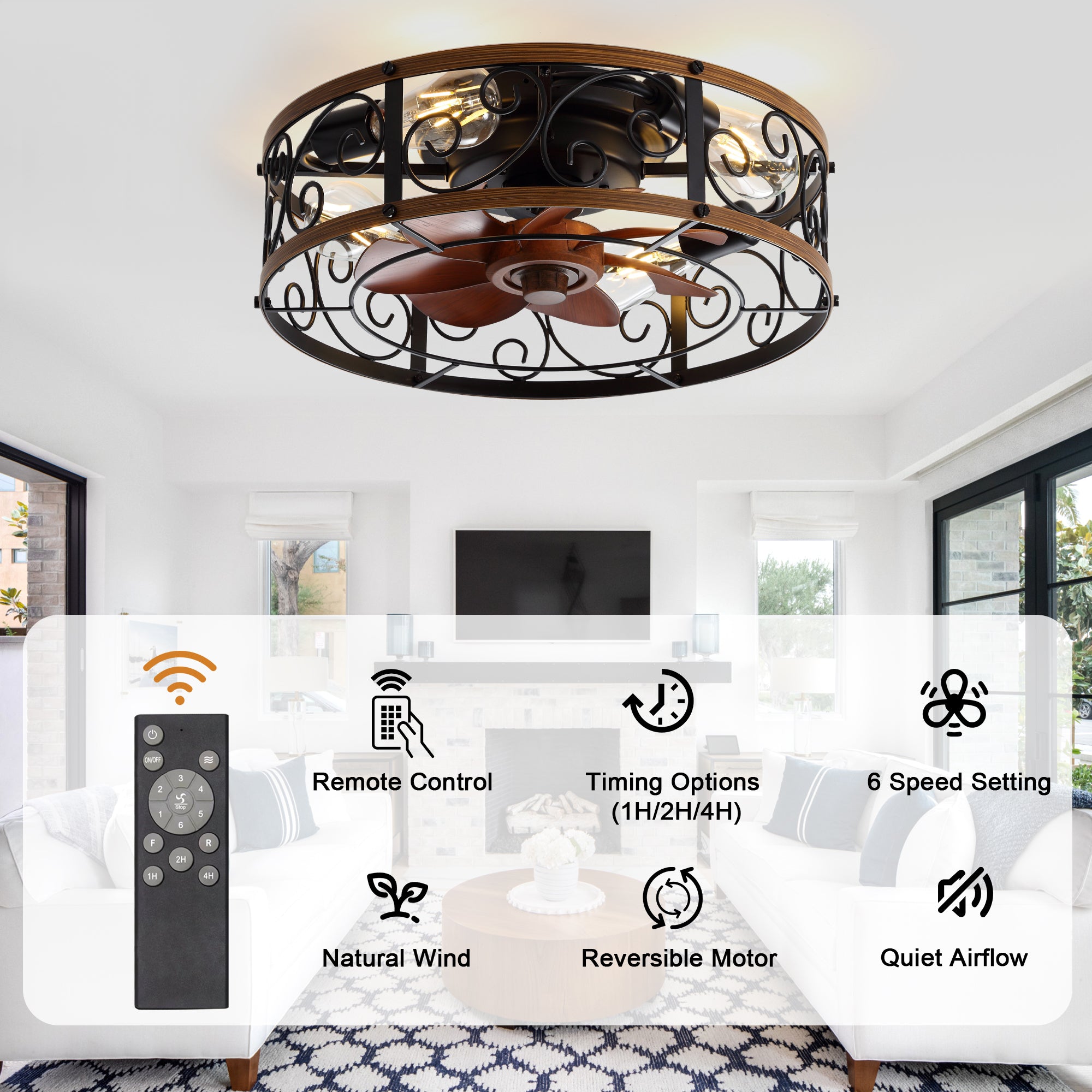 18 Inch Rustic Farmhouse Industrial Flush Mount Ceiling Fan with Lights and Remote, 6 Speeds DC Motor Reversible Low Profile Ceiling Fan