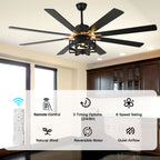 DC6501-BellaDepot 65" 8 Wooden Blades Black/Silver Finish Industrial Caged Reversible Ceiling Fan with Remote and 3 Lights, Large Size 6-speed Ceiling Fan