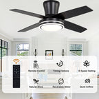 44 Inch Black/Chrome Modern Flush Mount Ceiling Fan with Dimmable LED Lights and Remote, 6 Speeds DC Motor Low Profile Ceiling Fan