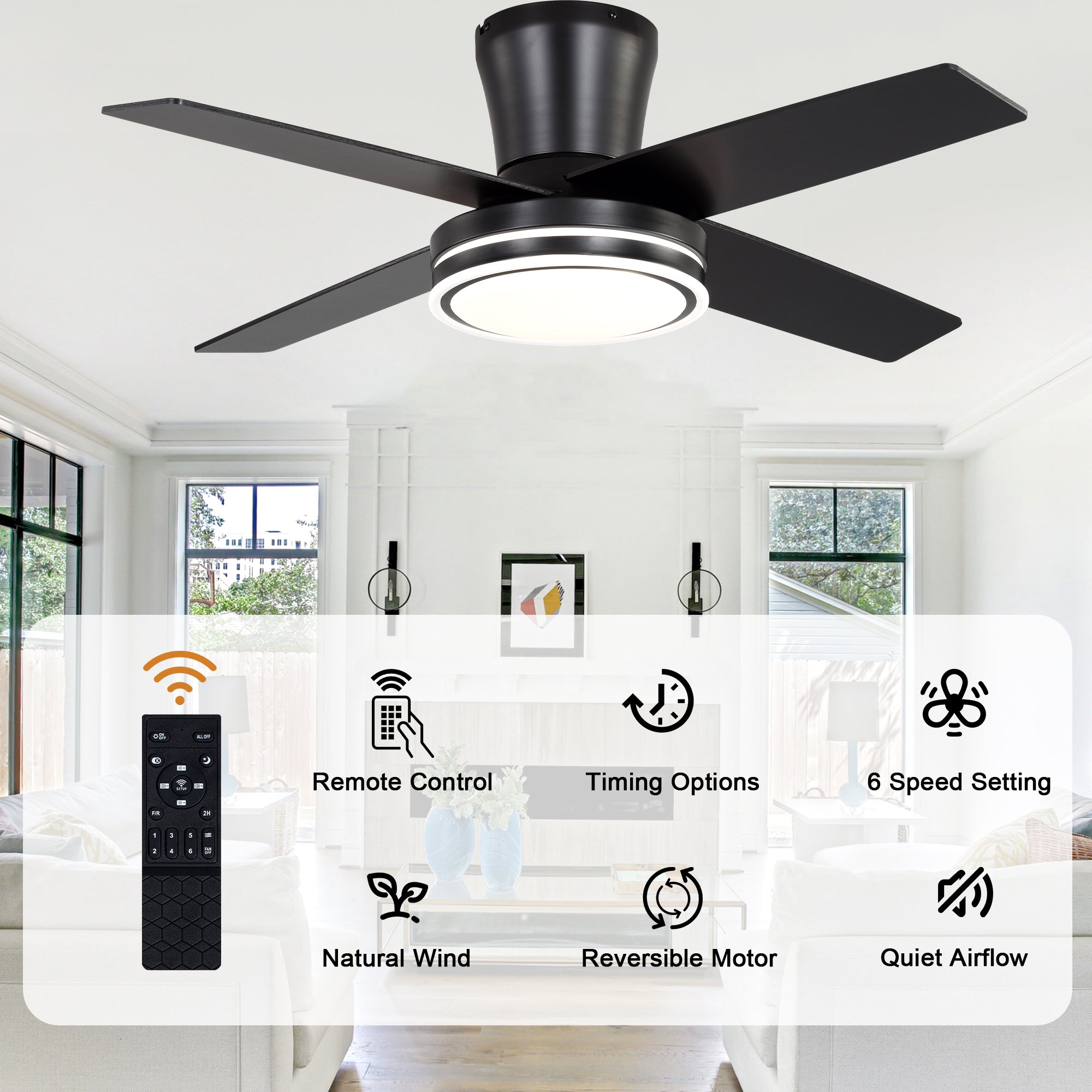 44 Inch Black/Chrome Modern Flush Mount Ceiling Fan with Dimmable LED Lights and Remote, 6 Speeds DC Motor Low Profile Ceiling Fan